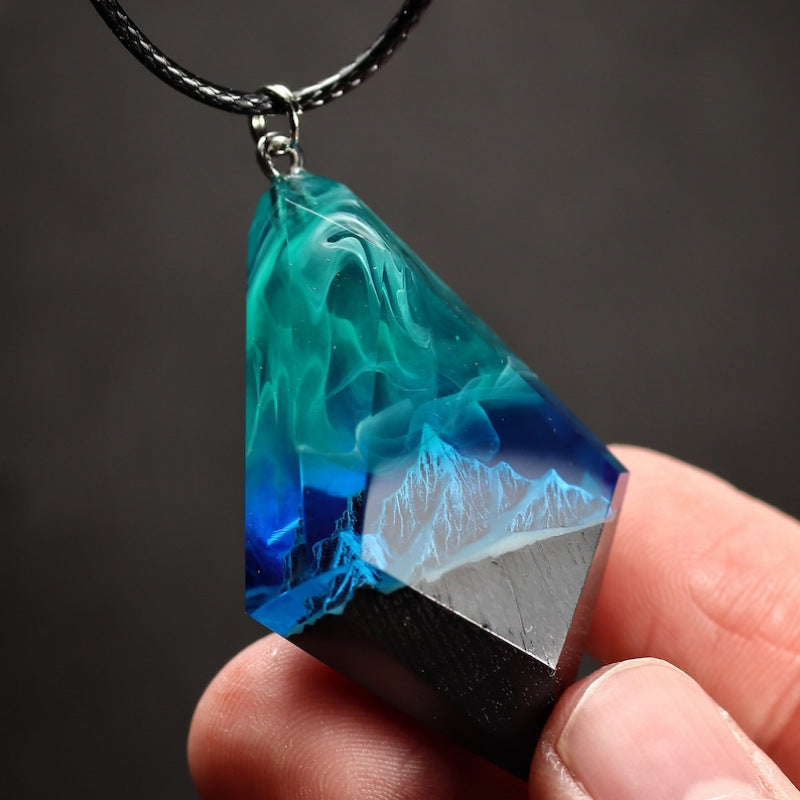 Northern lights Wood resin pendant | Snow Mountain Aurora | Glow in the dark Jewelry